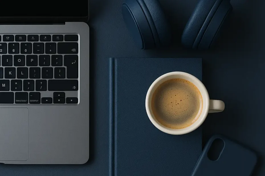 Ordinateur portable avec casque audio et accessoires de bureau