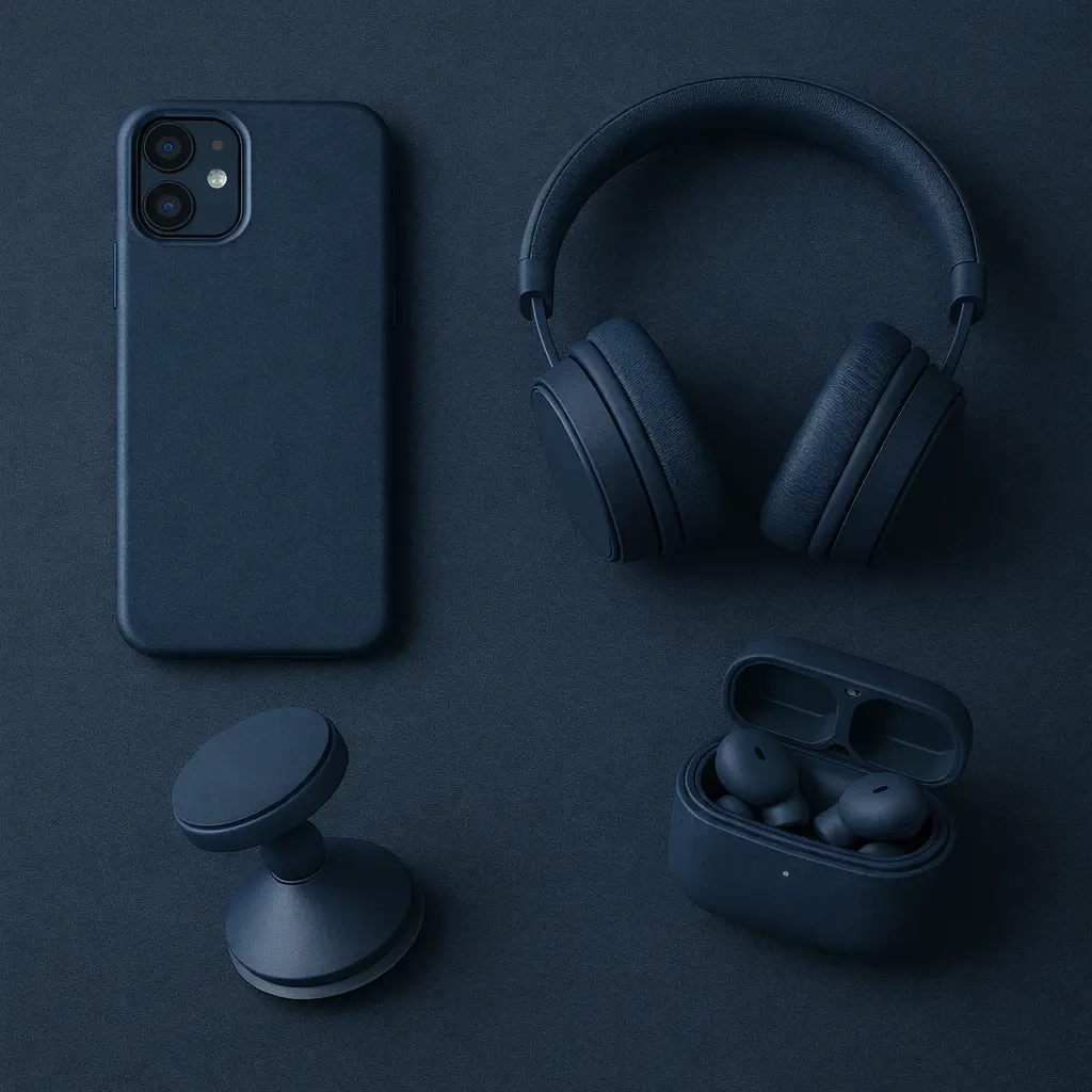 Coques de téléphone et accessoires audio sur fond bleu