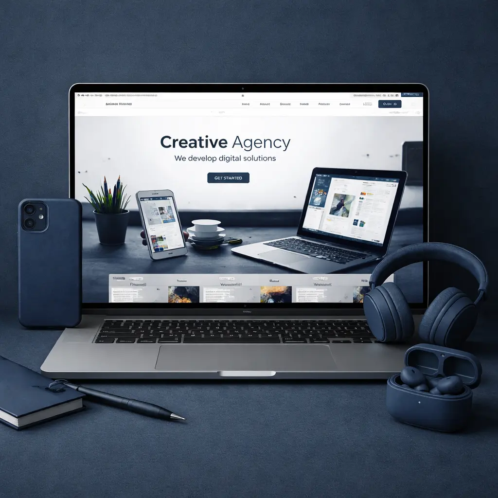 Ordinateur portable affichant un site de création web et accessoires numériques