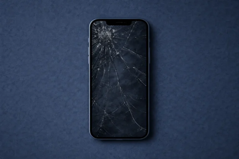 Smartphone avec écran cassé nécessitant une réparation