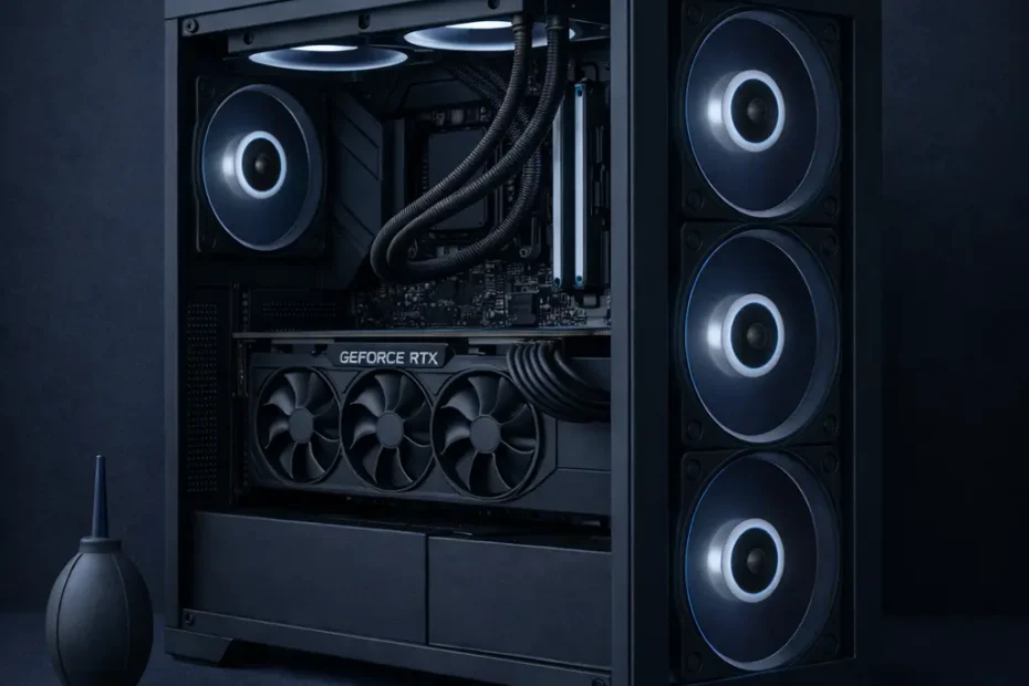 PC gaming assemblé avec carte graphique GeForce RTX et ventilateurs RGB bleus