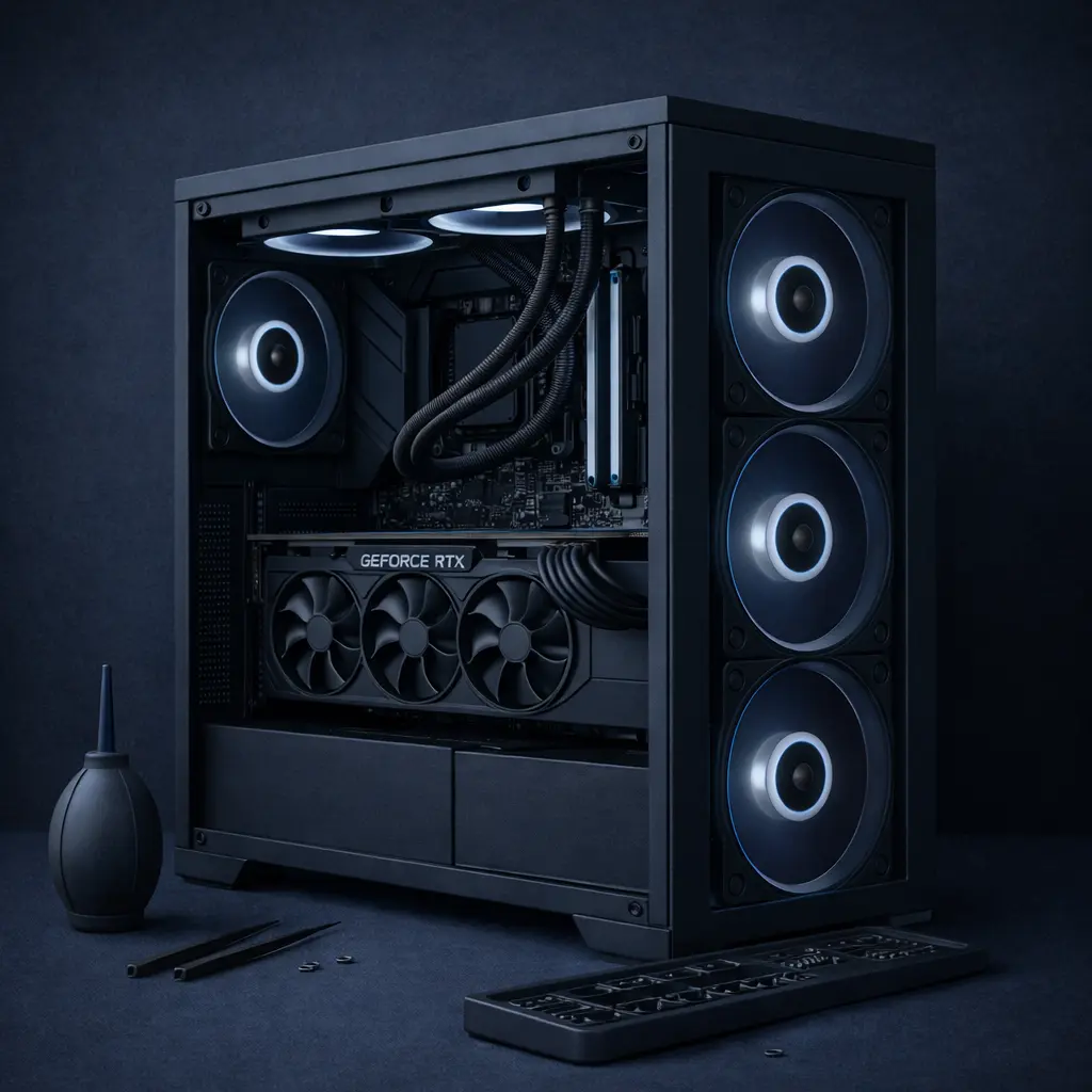 PC gaming assemblé avec carte graphique GeForce RTX et ventilateurs RGB bleus